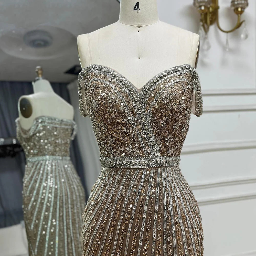 Luxury Dubai Caramel Spaghetti Strap Mermaid Gown Feathers Beaded Luxury Saudi Evening Dress for Formal Occasion LA72715 - SERENE HILL