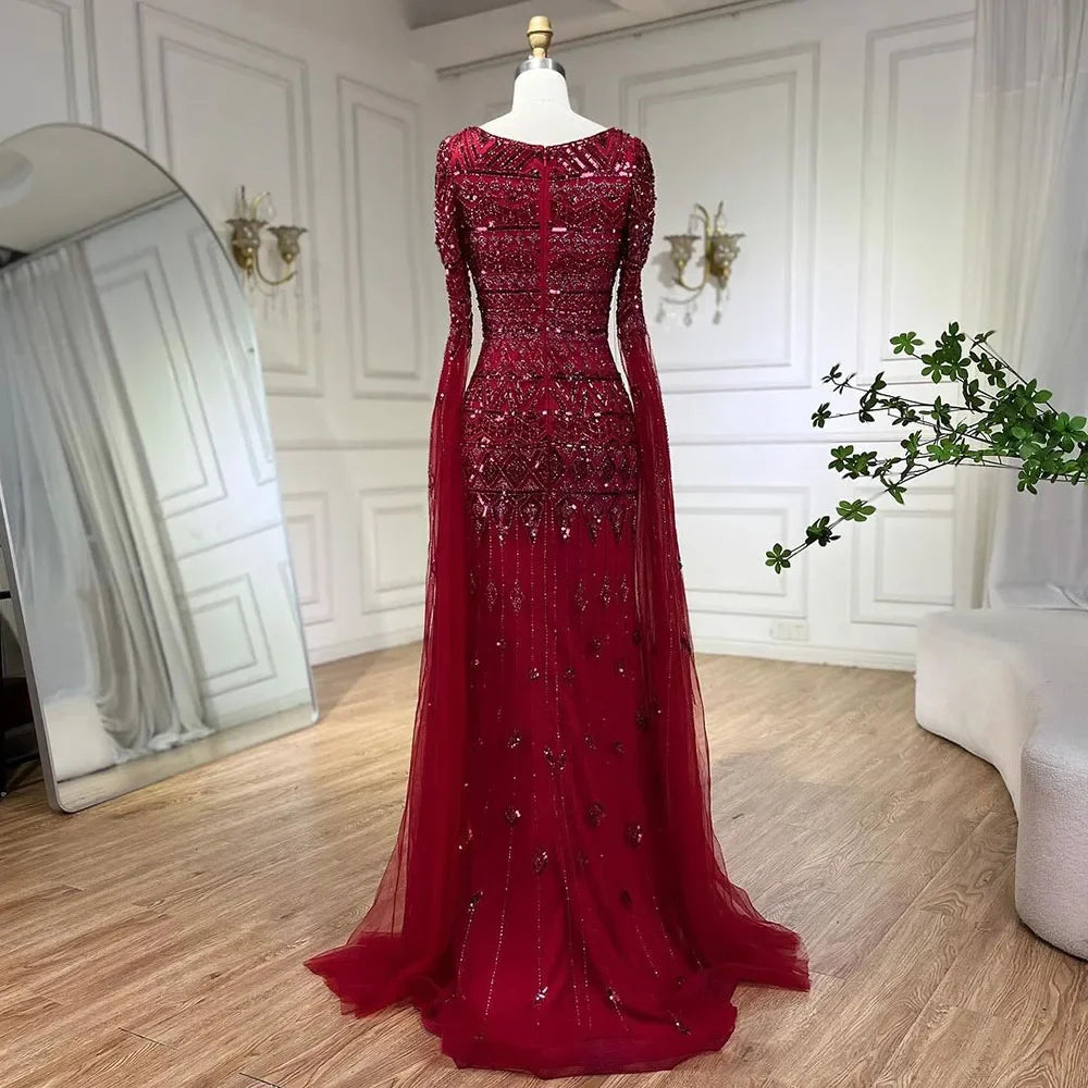 Luxury Wine Red Evening Dress with Cape Sleeves LA72355A caramel / 12 Luxury Wine Red Evening Dress with Cape Sleeves LA72355A caramel / 12
