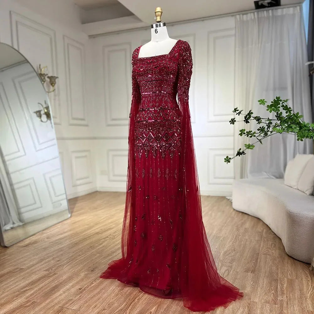 Luxury Wine Red Evening Dress with Cape Sleeves LA72355A caramel / 12 Luxury Wine Red Evening Dress with Cape Sleeves LA72355A caramel / 12