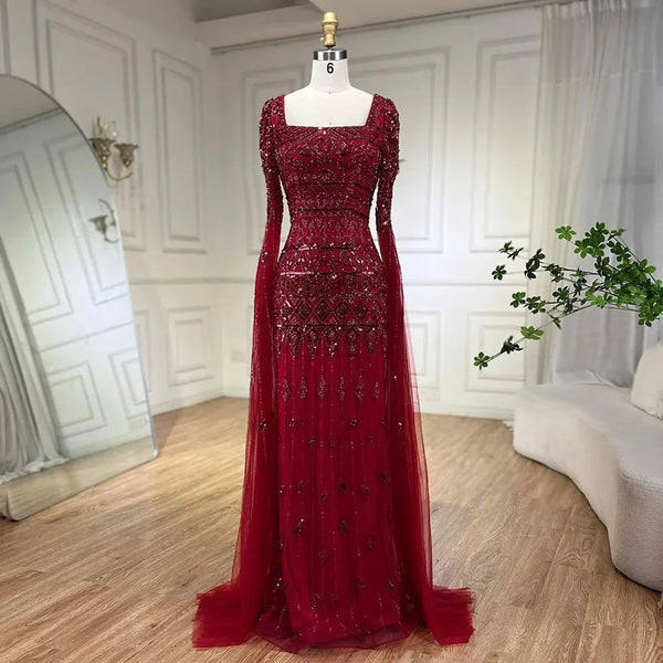 Luxury Wine Red Evening Dress with Cape Sleeves LA72355A