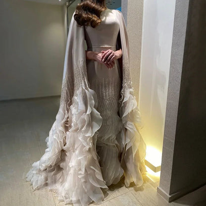 Luxury Mermaid Nude Evening Dresses with Cape Sleeves LA72317A - SERENE HILL