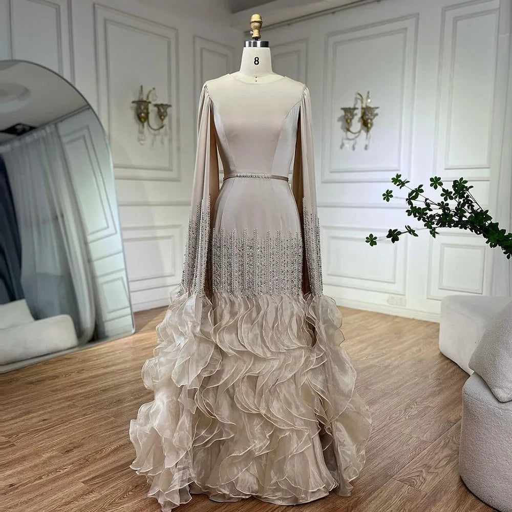Luxury Mermaid Nude Evening Dresses with Cape Sleeves LA72317A - SERENE HILL