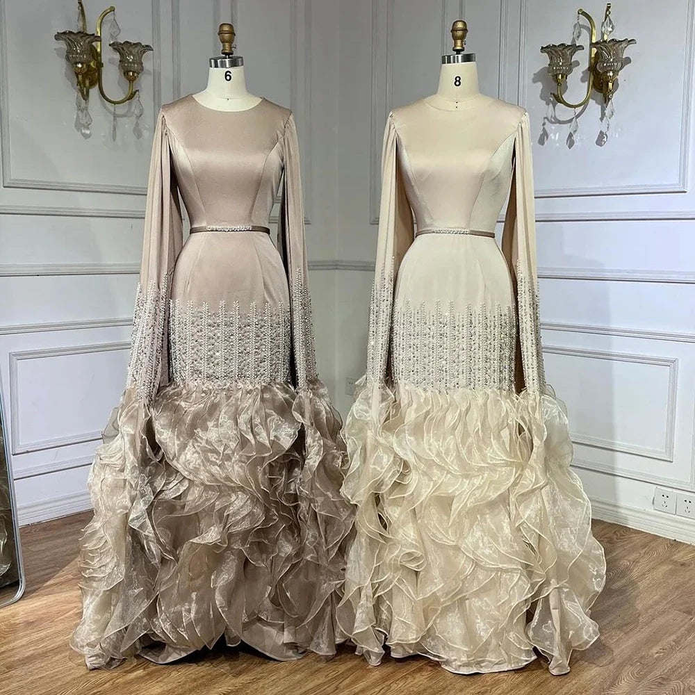 Luxury Mermaid Nude Evening Dresses with Cape Sleeves LA72317A - SERENE HILL