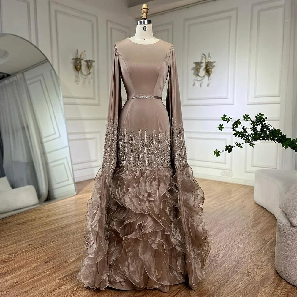 Luxury Mermaid Nude Evening Dresses with Cape Sleeves LA72317A - SERENE HILL