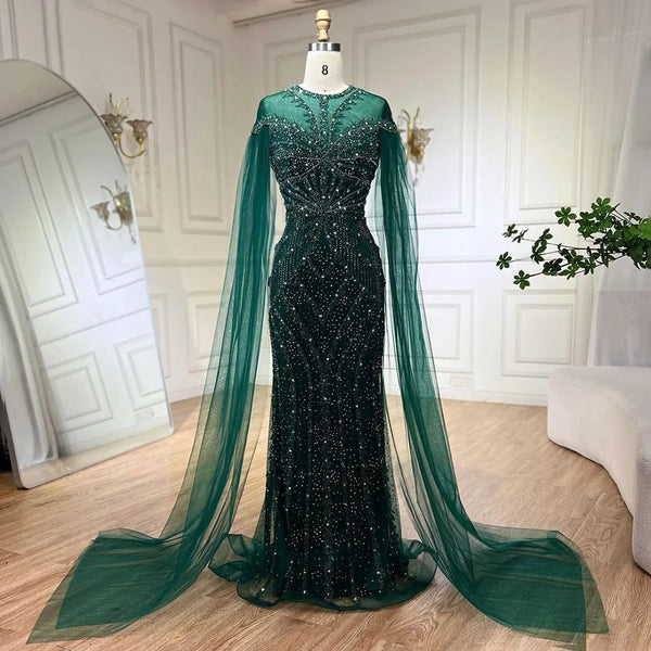 Serene Hill 2025 Dubai Arabic Green Mermaid Elegant Cape Sleeves Beaded Luxury Evening Dresses Gowns Women Wedding Party LA72437