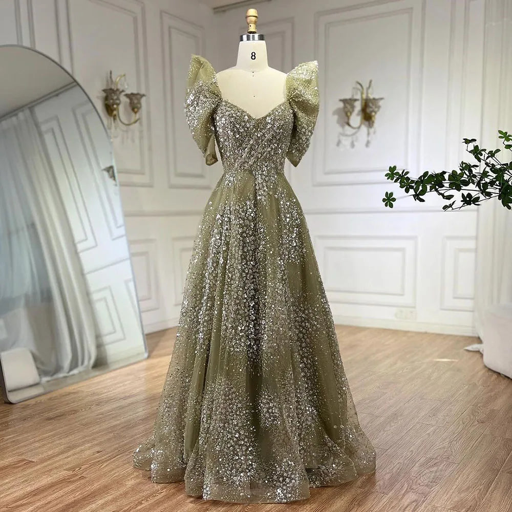Glitter Lime Green Luxury Dubai Evening Dress Engagement Arabic LA72447 - SERENE HILL
