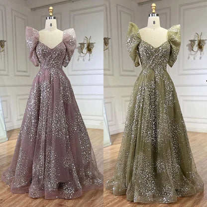 Glitter Lime Green Luxury Dubai Evening Dress Engagement Arabic LA72447 - SERENE HILL