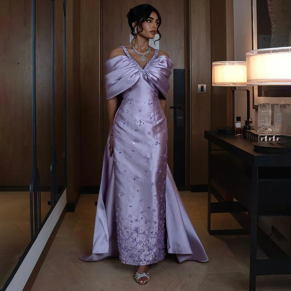 Lilac Off Shoulder Lilac Evening Dress with Cape Beaded Wedding Party Gowns LA72529 - SERENE HILL
