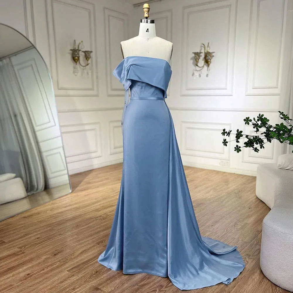 Serene Hill 2025 Dubai Blue Satin Off The Shoulder Mermaid Luxury Arabic Evening Dresses Gowns for Women Wedding Party LA72506 - SERENE HILL