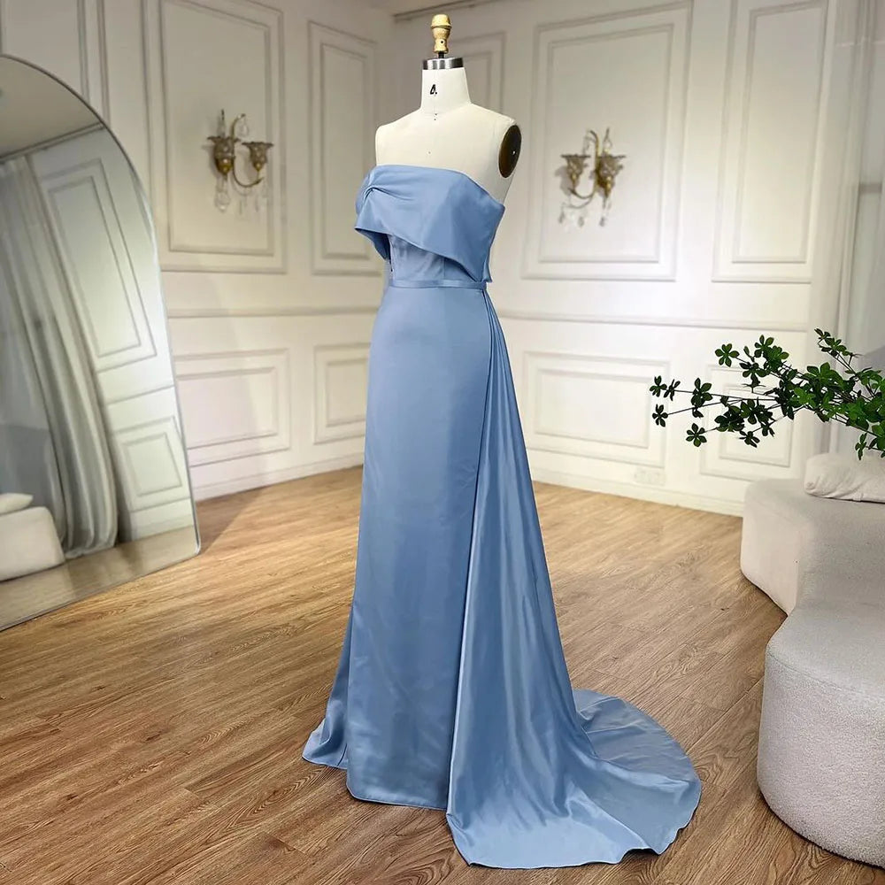 Serene Hill 2025 Dubai Blue Satin Off The Shoulder Mermaid Luxury Arabic Evening Dresses Gowns for Women Wedding Party LA72506 - SERENE HILL