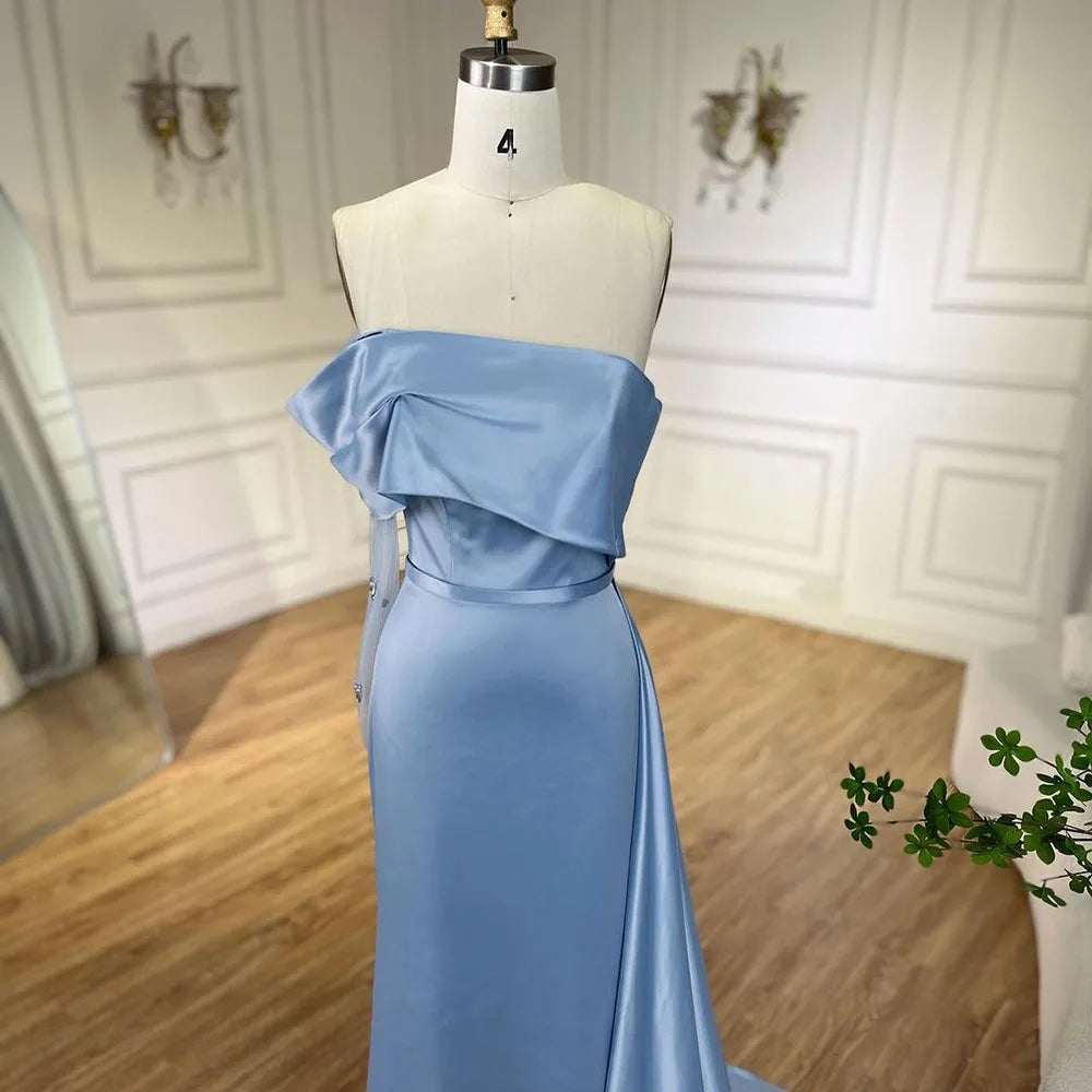 Serene Hill 2025 Dubai Blue Satin Off The Shoulder Mermaid Luxury Arabic Evening Dresses Gowns for Women Wedding Party LA72506 - SERENE HILL