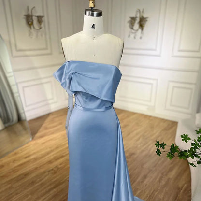 Serene Hill 2025 Dubai Blue Satin Off The Shoulder Mermaid Luxury Arabic Evening Dresses Gowns for Women Wedding Party LA72506 - SERENE HILL