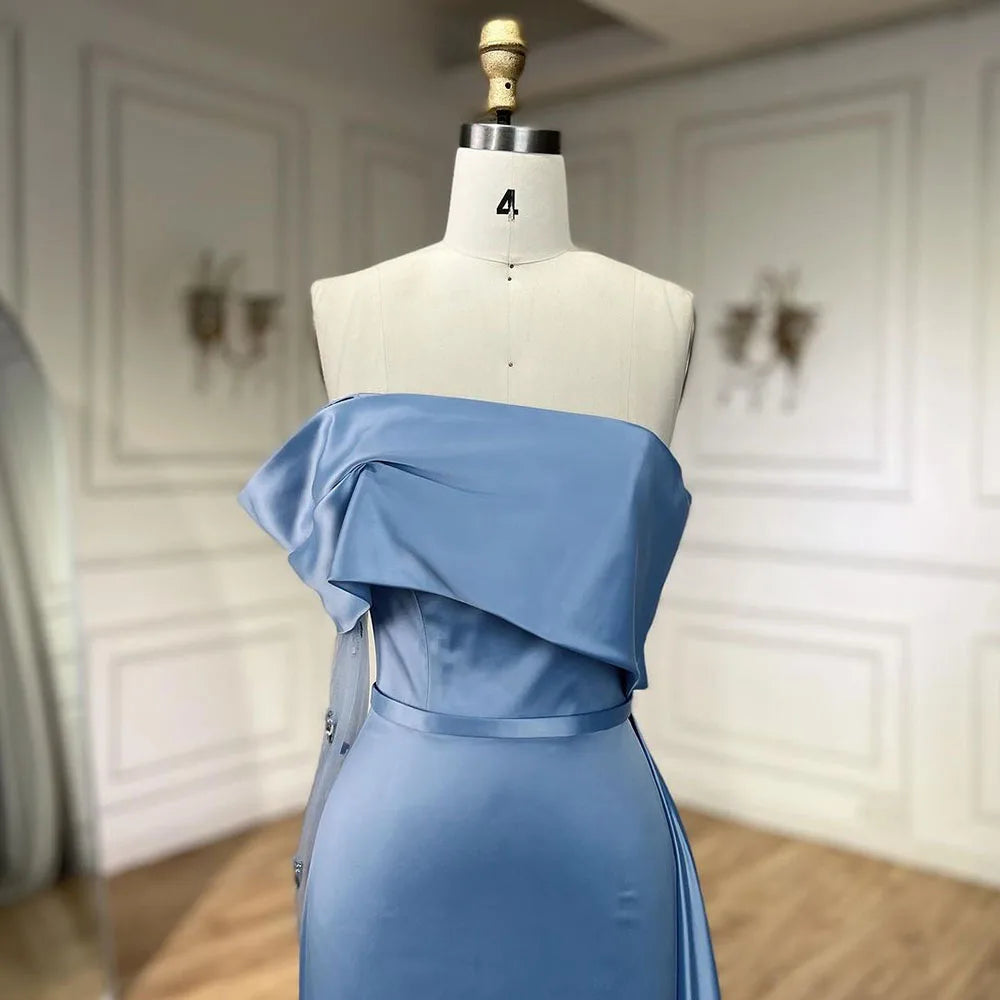 Serene Hill 2025 Dubai Blue Satin Off The Shoulder Mermaid Luxury Arabic Evening Dresses Gowns for Women Wedding Party LA72506 - SERENE HILL
