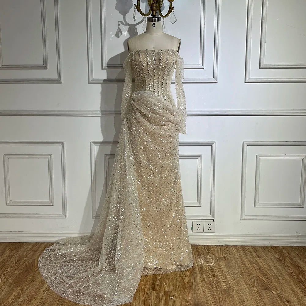 Serene Hill 2025 Dubai Nude Mermaid Dress with Overskirt Beaded Luxury Evening Gown for Women Wedding Party LA72291 - SERENE HILL
