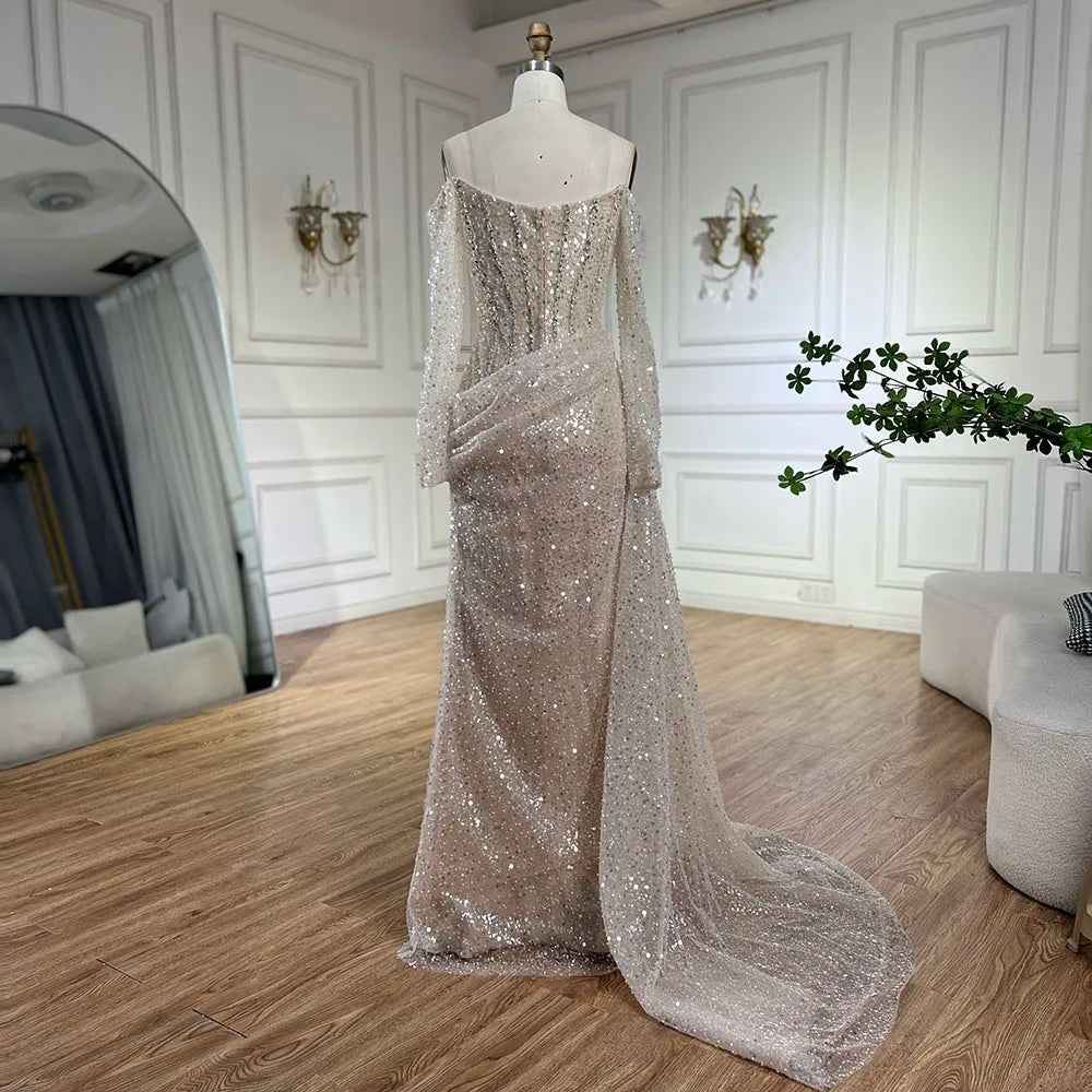Serene Hill 2025 Dubai Nude Mermaid Dress with Overskirt Beaded Luxury Evening Gown for Women Wedding Party LA72291 - SERENE HILL