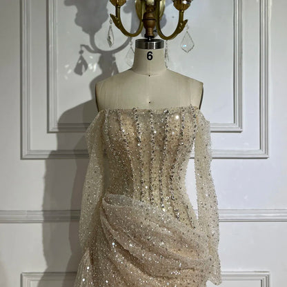 Serene Hill 2025 Dubai Nude Mermaid Dress with Overskirt Beaded Luxury Evening Gown for Women Wedding Party LA72291 - SERENE HILL