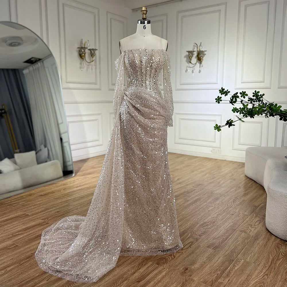 Serene Hill 2025 Dubai Nude Mermaid Dress with Overskirt Beaded Luxury Evening Gown for Women Wedding Party LA72291 - SERENE HILL