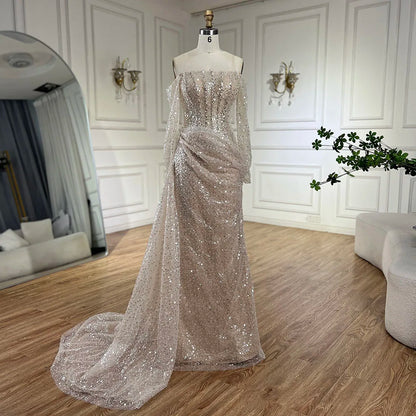 Serene Hill 2025 Dubai Nude Mermaid Dress with Overskirt Beaded Luxury Evening Gown for Women Wedding Party LA72291 - SERENE HILL