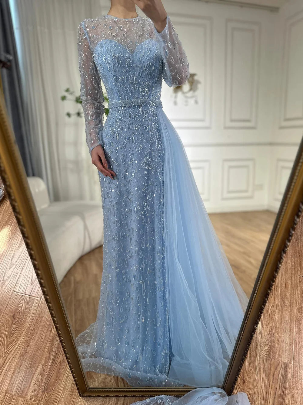Luxury Dubai Elegant Blue Saudi Arabic Evening Gown with Beaded Side Overskirt Dress for Formal Occasion LA72734 - SERENE HILL