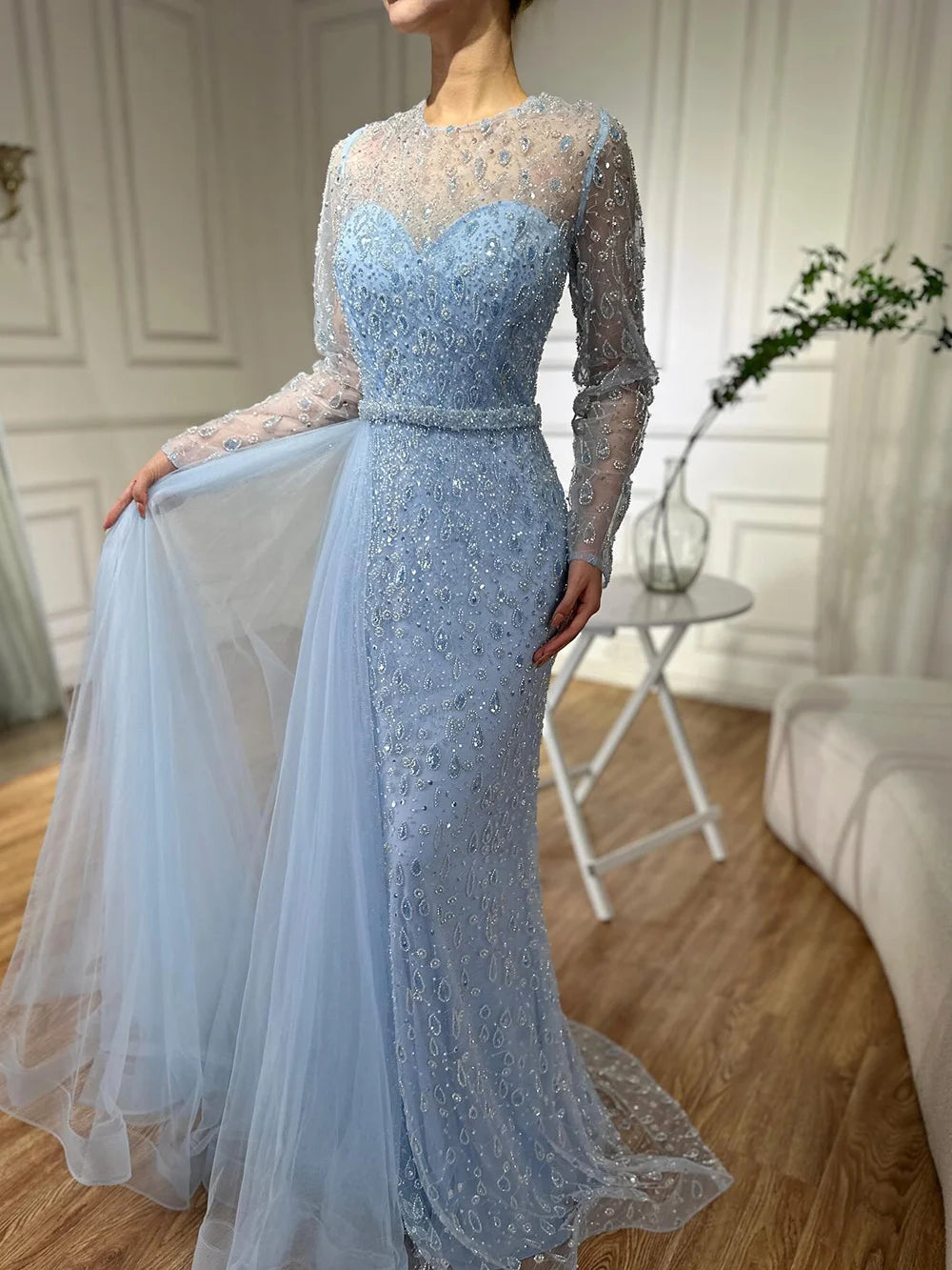Luxury Dubai Elegant Blue Saudi Arabic Evening Gown with Beaded Side Overskirt Dress for Formal Occasion LA72734 - SERENE HILL