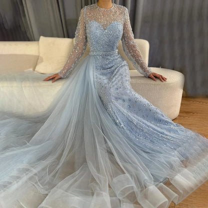 Luxury Dubai Elegant Blue Saudi Arabic Evening Gown with Beaded Side Overskirt Dress for Formal Occasion LA72734 - SERENE HILL