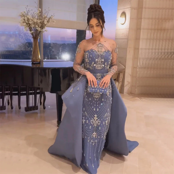 Luxury Dubai Blue Crystal Beaded Evening Dress with Overskirt LA72757