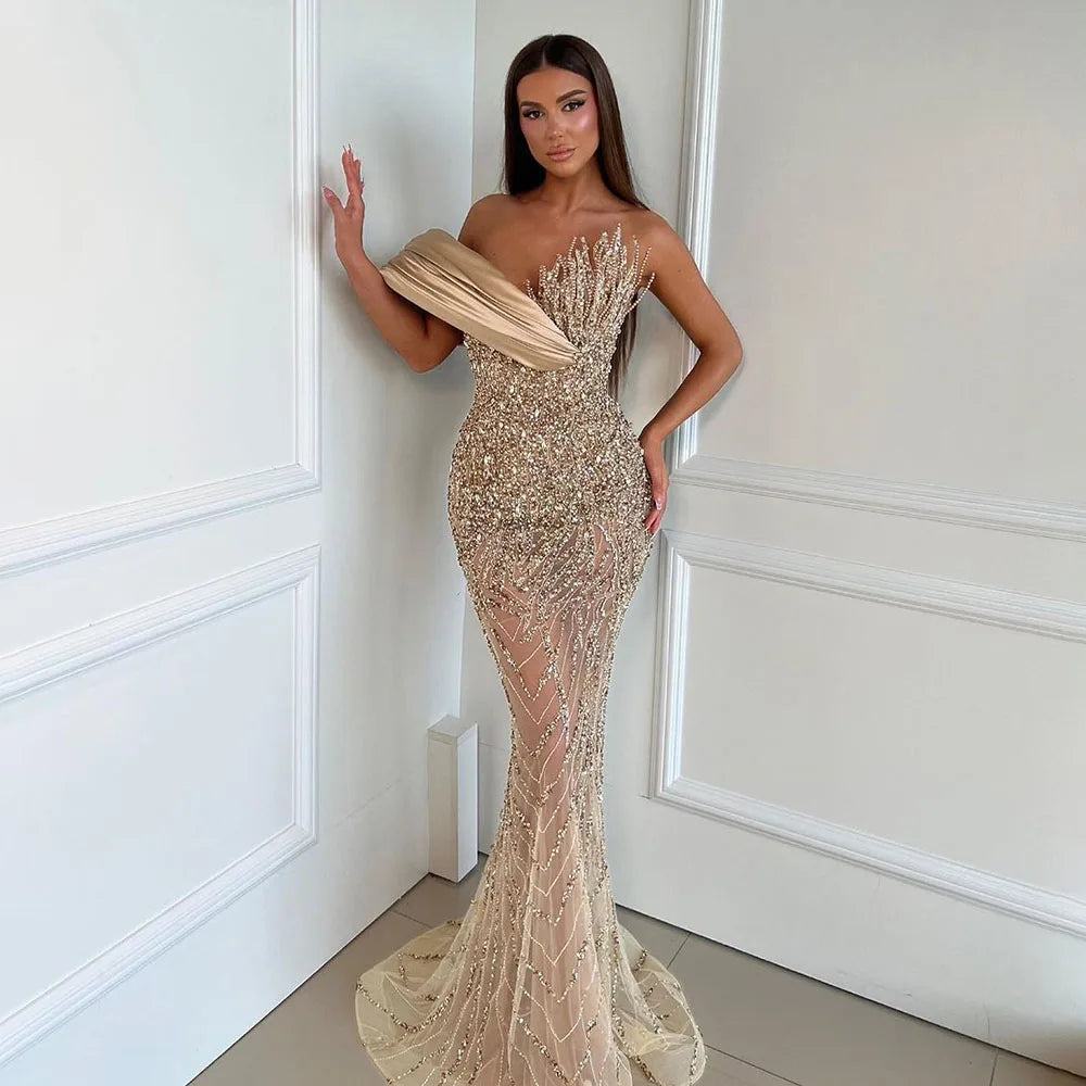 Luxury Dubai Elegant Caramel One Shoulder Saudi Arabic Evening Gown with Beaded Dress for Formal Occasion LA72577 - SERENE HILL