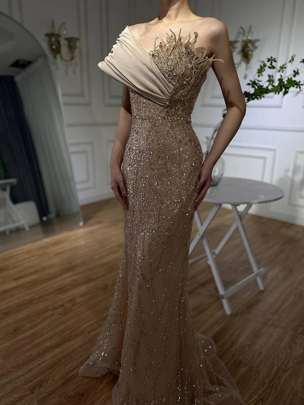 Luxury Dubai Elegant Caramel One Shoulder Saudi Arabic Evening Gown with Beaded Dress for Formal Occasion LA72577 - SERENE HILL