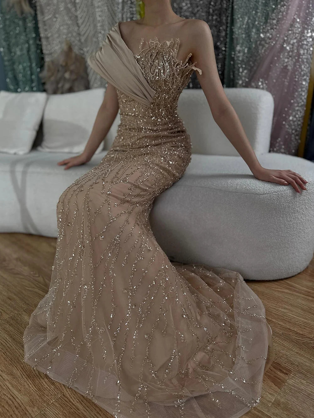 Luxury Dubai Elegant Caramel One Shoulder Saudi Arabic Evening Gown with Beaded Dress for Formal Occasion LA72577 - SERENE HILL