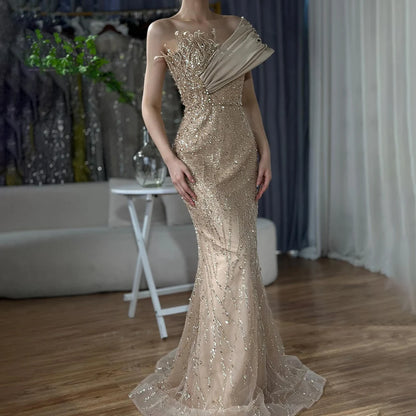 Luxury Dubai Elegant Caramel One Shoulder Saudi Arabic Evening Gown with Beaded Dress for Formal Occasion LA72577 - SERENE HILL