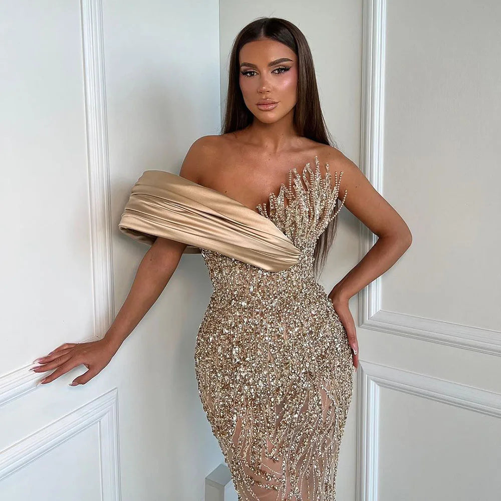 Luxury Dubai Elegant Caramel One Shoulder Saudi Arabic Evening Gown with Beaded Dress for Formal Occasion LA72577 - SERENE HILL