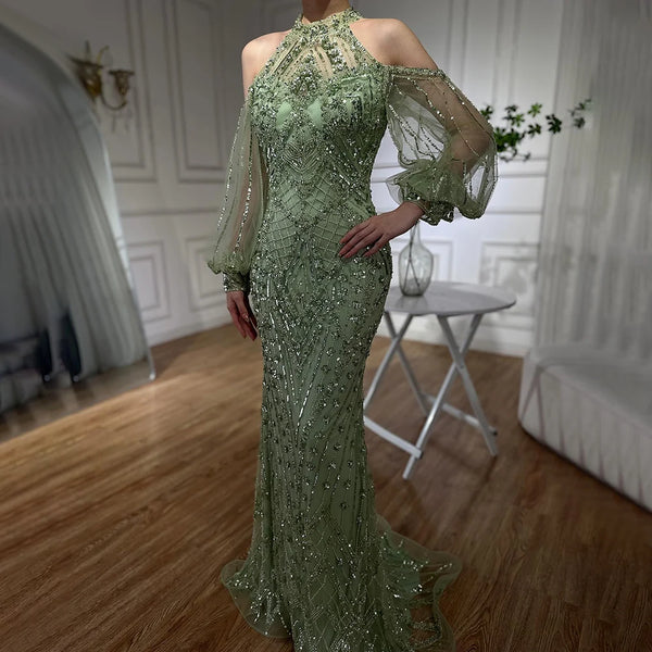 Elegant Sage Green Halter Neck Beaded Evening Dress LA72737