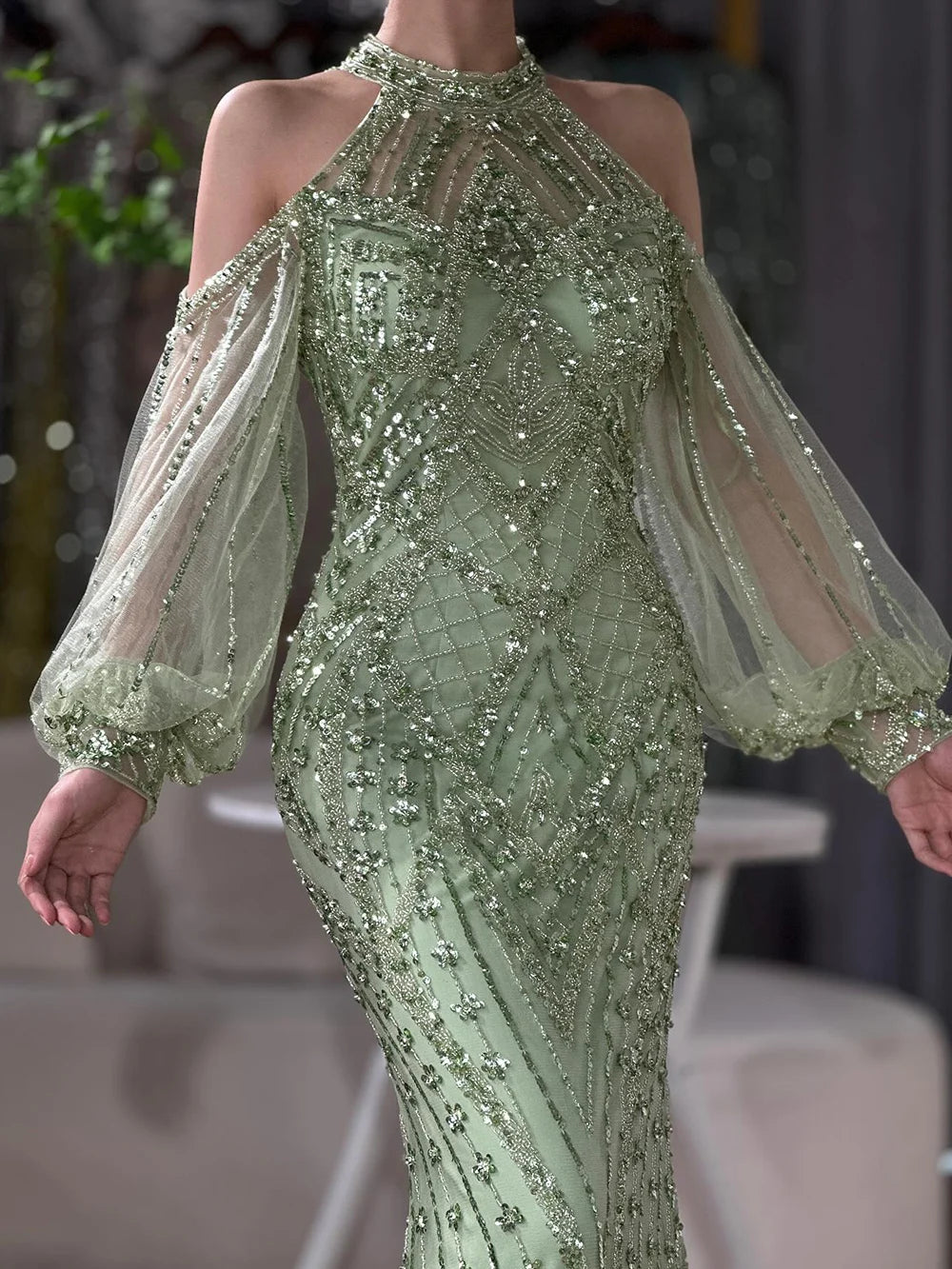 Elegant Sage Green Halter Neck Beaded Evening Dress LA72737 Sage Green / 8 Elegant Sage Green Halter Neck Beaded Evening Dress LA72737 Sage Green / 8
