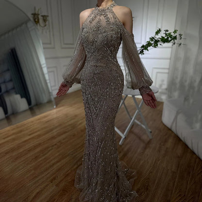 Elegant Sage Green Halter Neck Beaded Evening Dress LA72737 - SERENE HILL