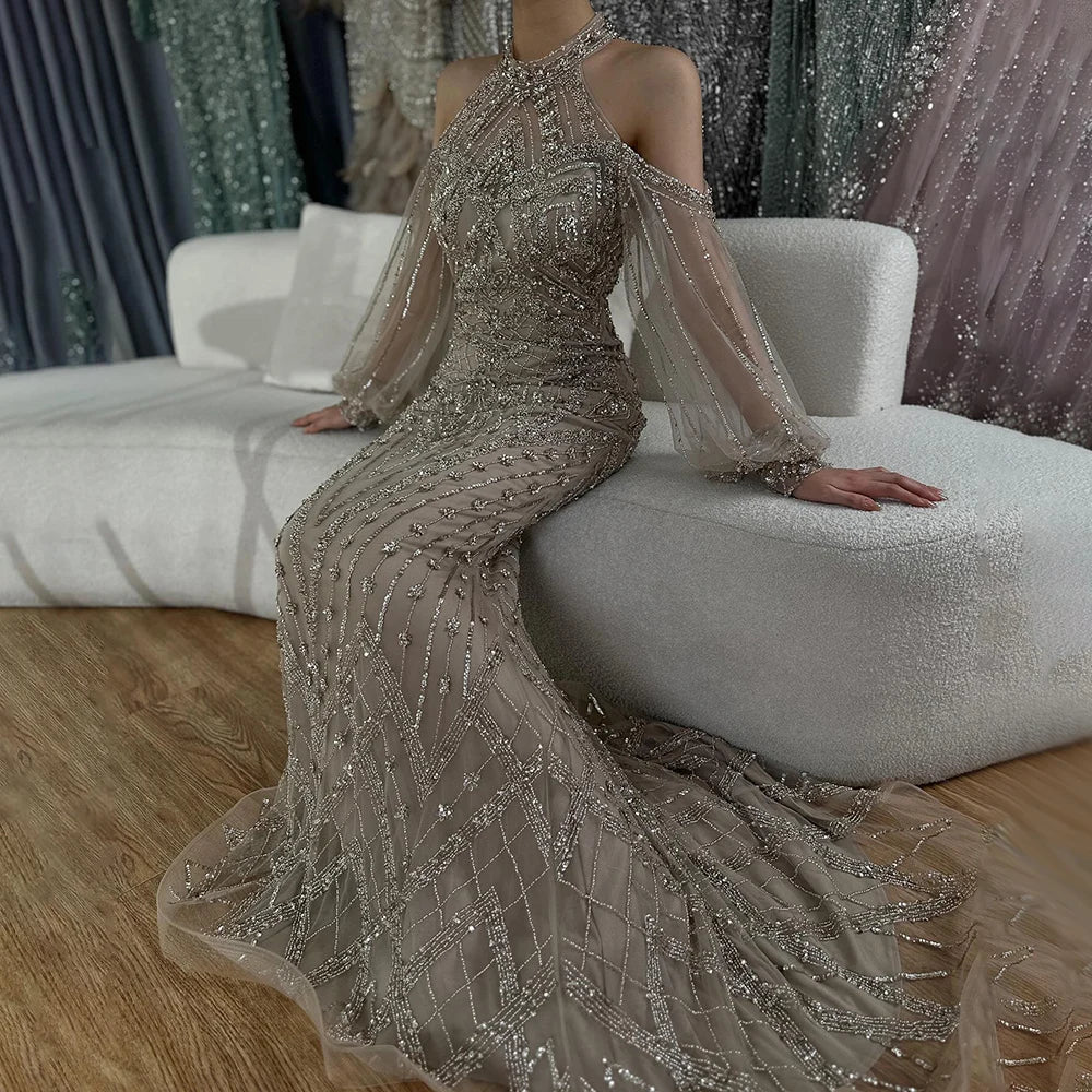 Elegant Sage Green Halter Neck Beaded Evening Dress LA72737 Sage Green / 8 Elegant Sage Green Halter Neck Beaded Evening Dress LA72737 Sage Green / 8