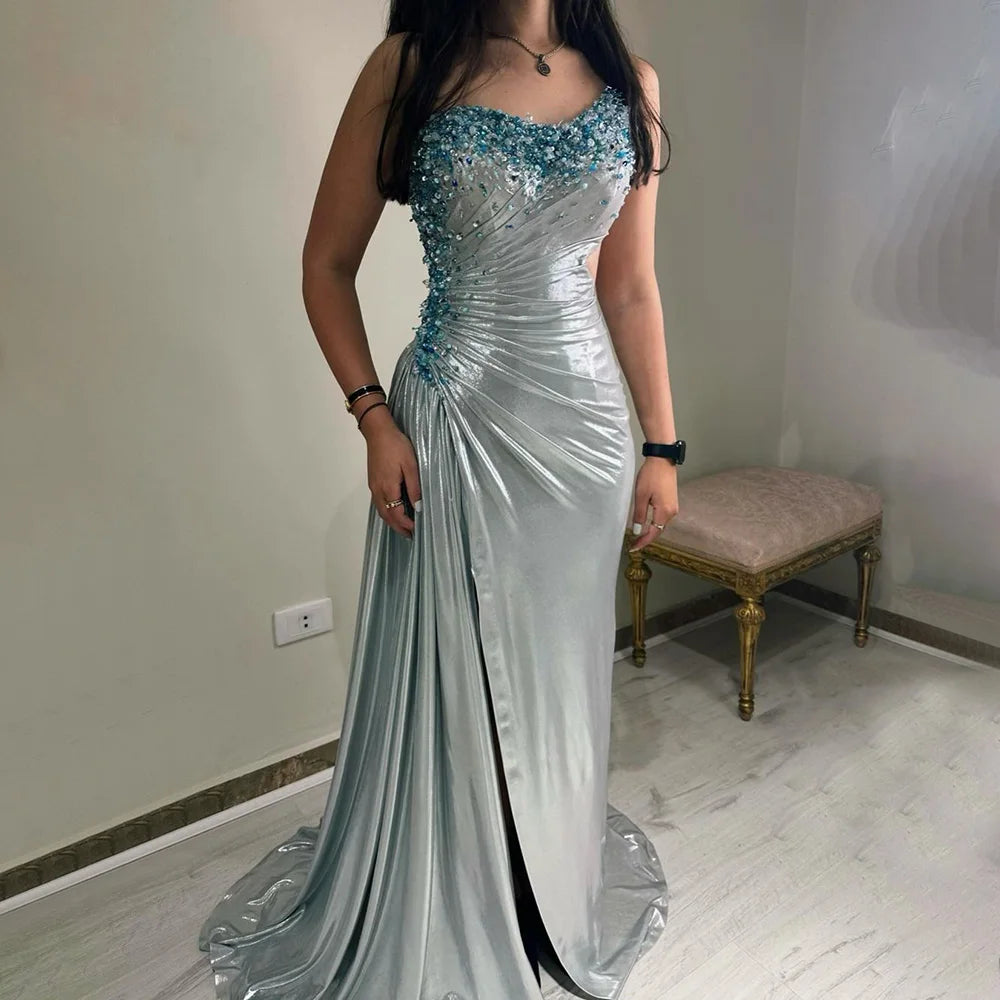 Serene Hill 2025 Elegant Silver One-Shoulder Beaded Mermaid Luxury Dubai Evening Gown with Side Split for Women&