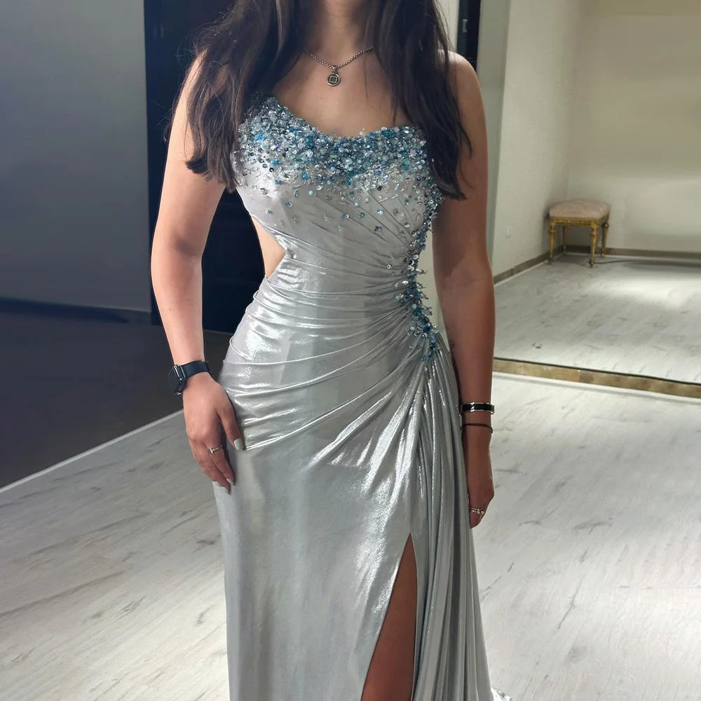 Serene Hill 2025 Elegant Silver One-Shoulder Beaded Mermaid Luxury Dubai Evening Gown with Side Split for Women&