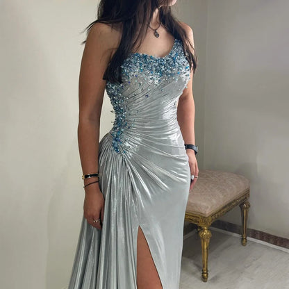 Serene Hill 2025 Elegant Silver One-Shoulder Beaded Mermaid Luxury Dubai Evening Gown with Side Split for Women&