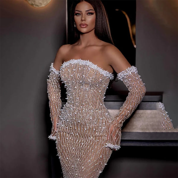Dubai Elegant White Nude Beaded Evening Dress with Gloves LA72649