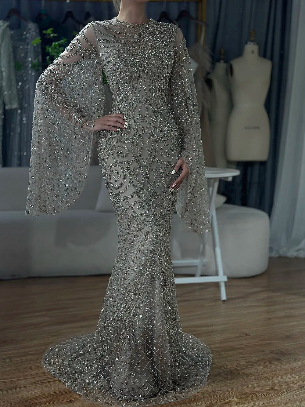 Luxury Flared Sleeves Caramel Beaded Mermaid Evening Dress LA72771 - SERENE HILL