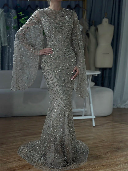 Luxury Flared Sleeves Caramel Beaded Mermaid Evening Dress LA72771 - SERENE HILL