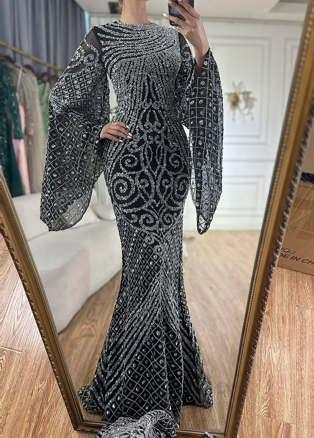 Luxury Flared Sleeves Caramel Beaded Mermaid Evening Dress LA72771 Black / 8 Luxury Flared Sleeves Caramel Beaded Mermaid Evening Dress LA72771 Black / 8