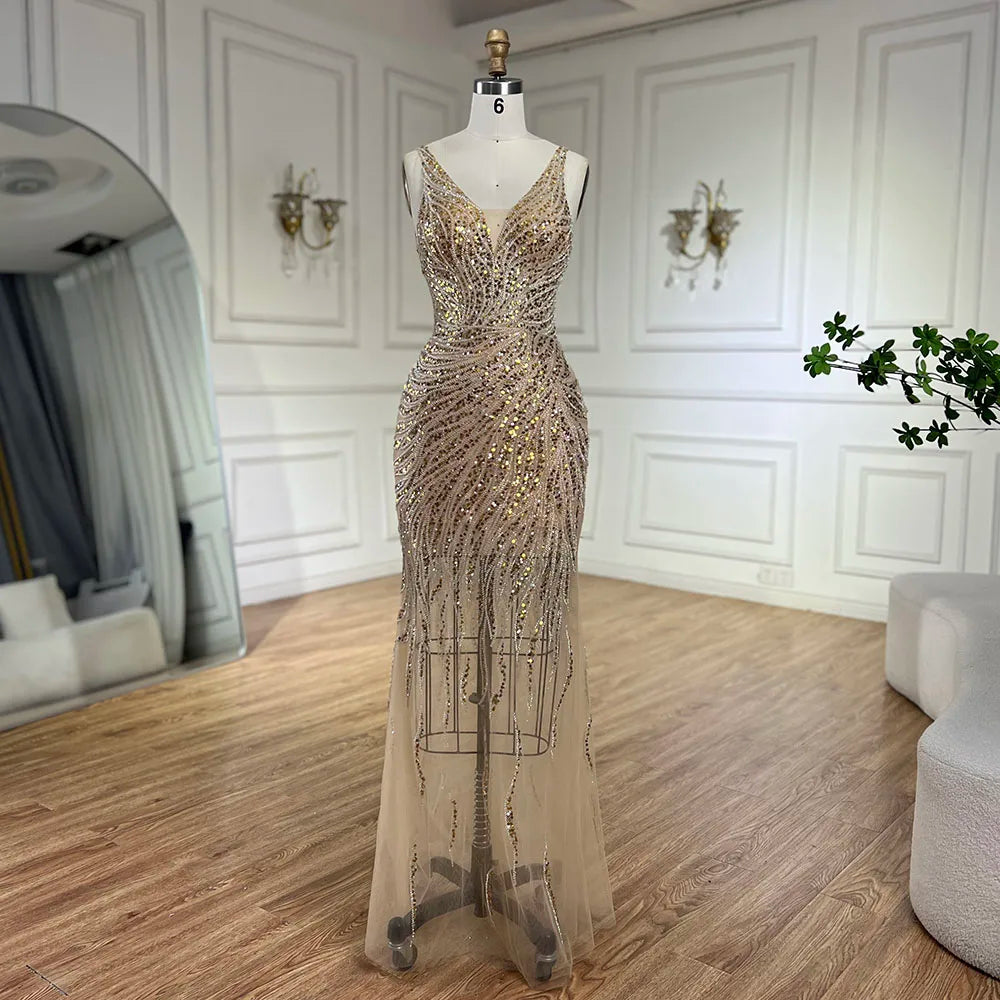 Serene Hill 2025 Gold Backless Spaghetti Strap Mermaid Beaded Luxury Evening Dresses Gowns for Women Wedding Party LA72615 - SERENE HILL