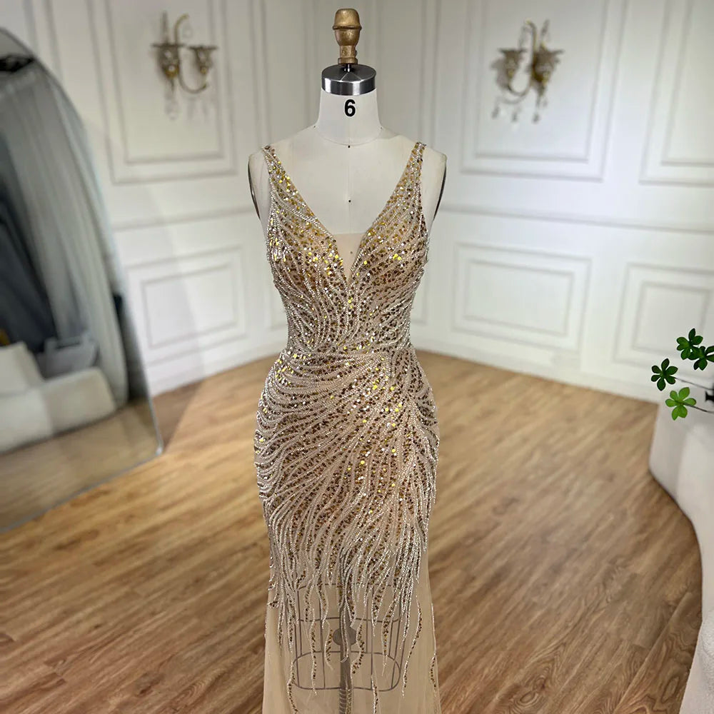 Serene Hill 2025 Gold Backless Spaghetti Strap Mermaid Beaded Luxury Evening Dresses Gowns for Women Wedding Party LA72615 - SERENE HILL