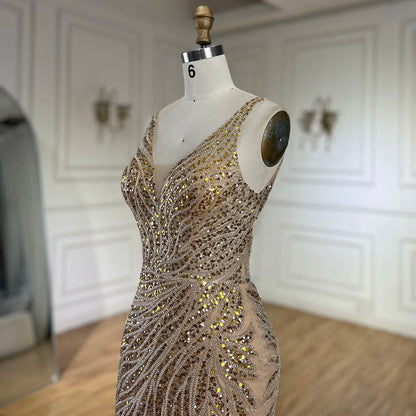 Serene Hill 2025 Gold Backless Spaghetti Strap Mermaid Beaded Luxury Evening Dresses Gowns for Women Wedding Party LA72615 - SERENE HILL