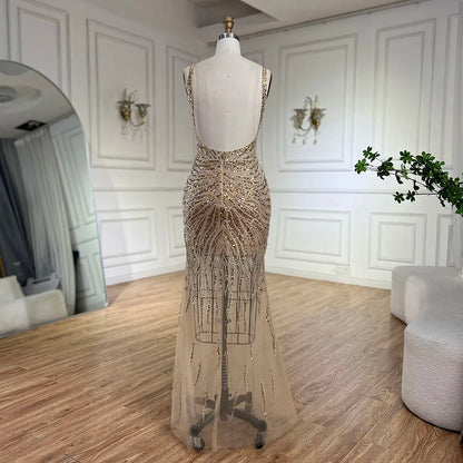Serene Hill 2025 Gold Backless Spaghetti Strap Mermaid Beaded Luxury Evening Dresses Gowns for Women Wedding Party LA72615 - SERENE HILL