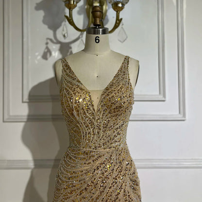 Serene Hill 2025 Gold Backless Spaghetti Strap Mermaid Beaded Luxury Evening Dresses Gowns for Women Wedding Party LA72615 - SERENE HILL