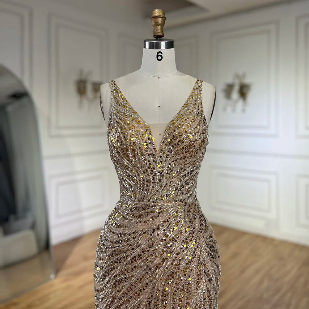 Serene Hill 2025 Gold Backless Spaghetti Strap Mermaid Beaded Luxury Evening Dresses Gowns for Women Wedding Party LA72615 - SERENE HILL