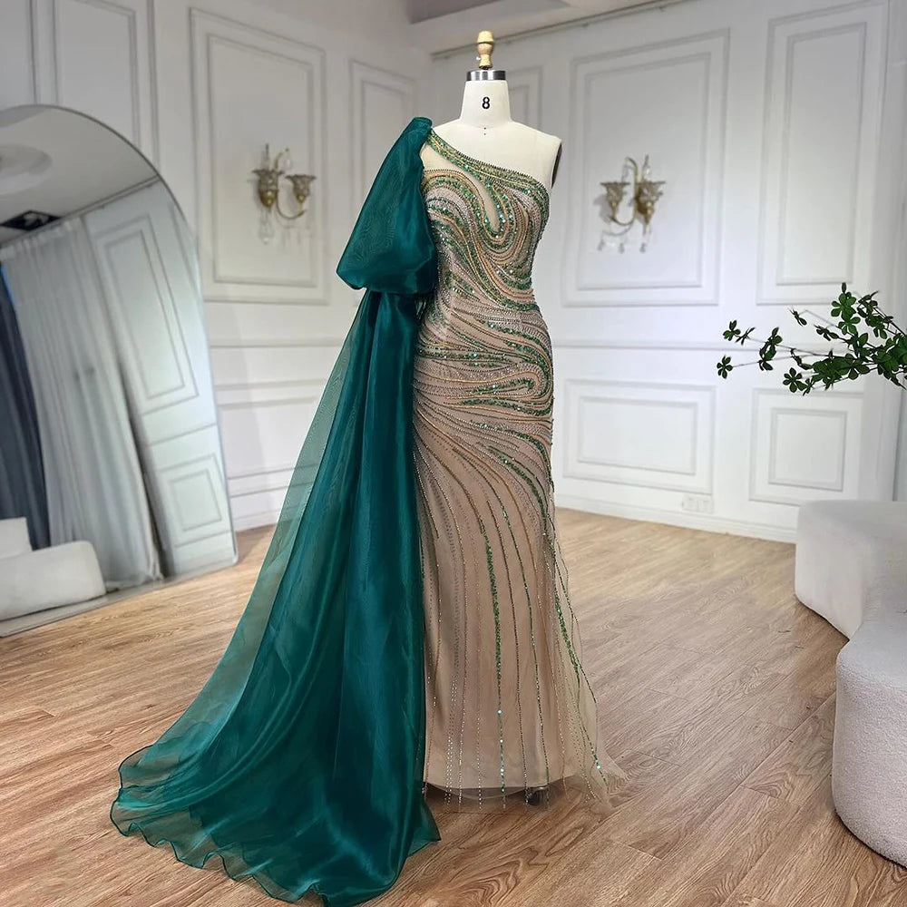 Serene Hill 2025 Green One Shoulder Long Cloak Mermaid Beaded Luxury Evening Dresses Gowns for Women Wedding Party LA72282 - SERENE HILL