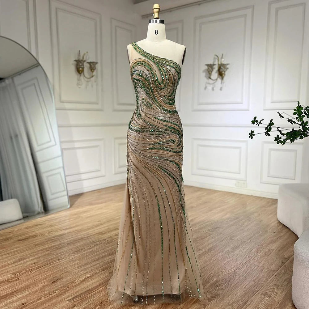Serene Hill 2025 Green One Shoulder Long Cloak Mermaid Beaded Luxury Evening Dresses Gowns for Women Wedding Party LA72282 - SERENE HILL